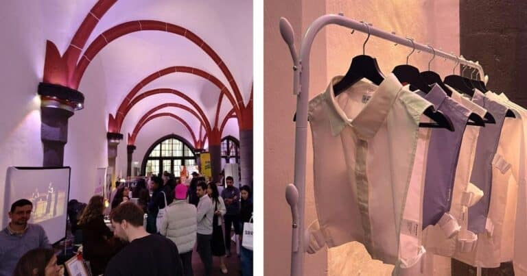 Kollage - Frankfurter Newcomers Festival in den Römerhallen und Kleiderständer mit Blusenkragen und Blusen von Pastel Studio