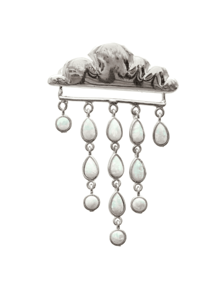 Silberbrosche einer Wolke und Regentropfen mit Opalen