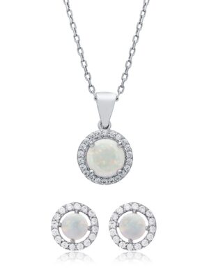 Kette und Ohrstecker mit Opal und Zirkonia - 925 Sterlingsilber