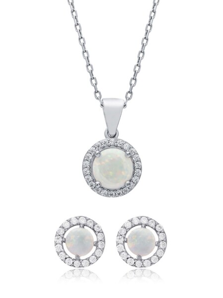Set Kette und Ohrstecker mit Opal und Zirkonia - 925 Sterlingsilber