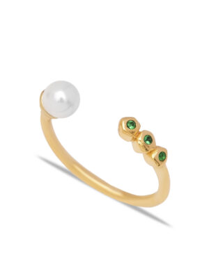 Ring, offen, mit Perle und drei kleinen grünen Zirkonia, Vermeil-gold-plattiert