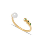 Ring, offen, mit Perle und drei kleinen grünen Zirkonia, Vermeil-gold-plattiert