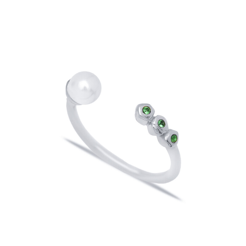 Ring, offen, mit Perle und drei kleinen grünen Zirkonia, silber rhodiniert