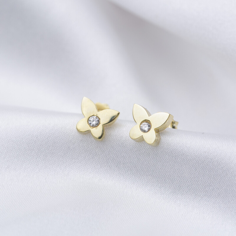 Ohrstecker Schmetterling aus 925 Sterlingsilber, Vermeil vergoldet, auf Satin drapiert