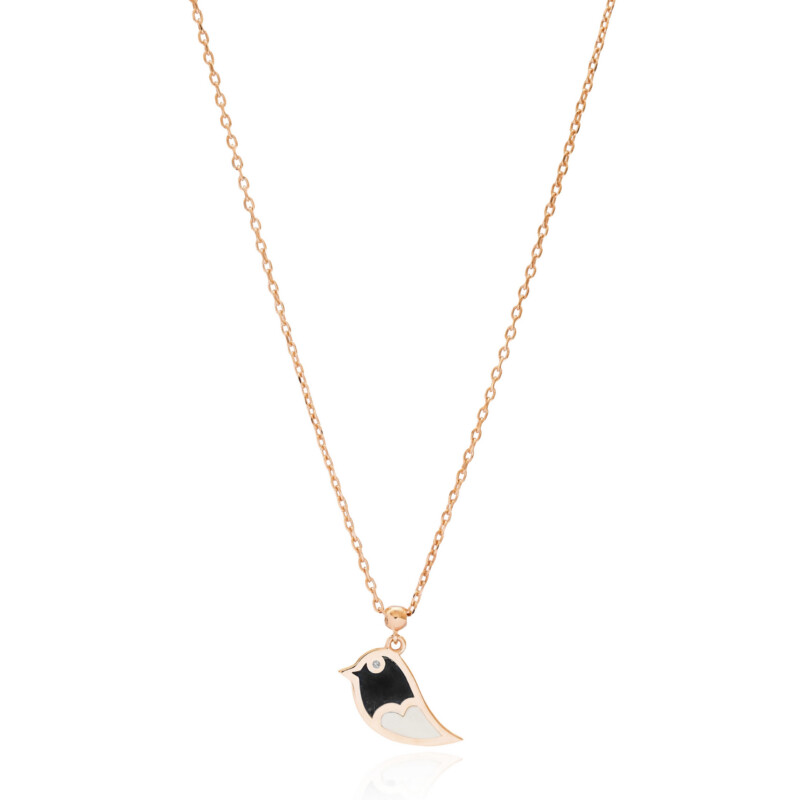 Kette Emaille-Vogel 21755 Kette aus 925 Sterlingsilber und Vogel-Anhänger mit Emaille in Schwarz und weiß, Gold Vermeil