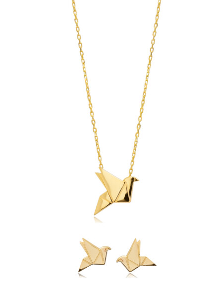 Set aus Ohrsteckern und Kette aus 925 Sterlingsilber mit Origami-Vogel Motiv, Gold-Vermeil
