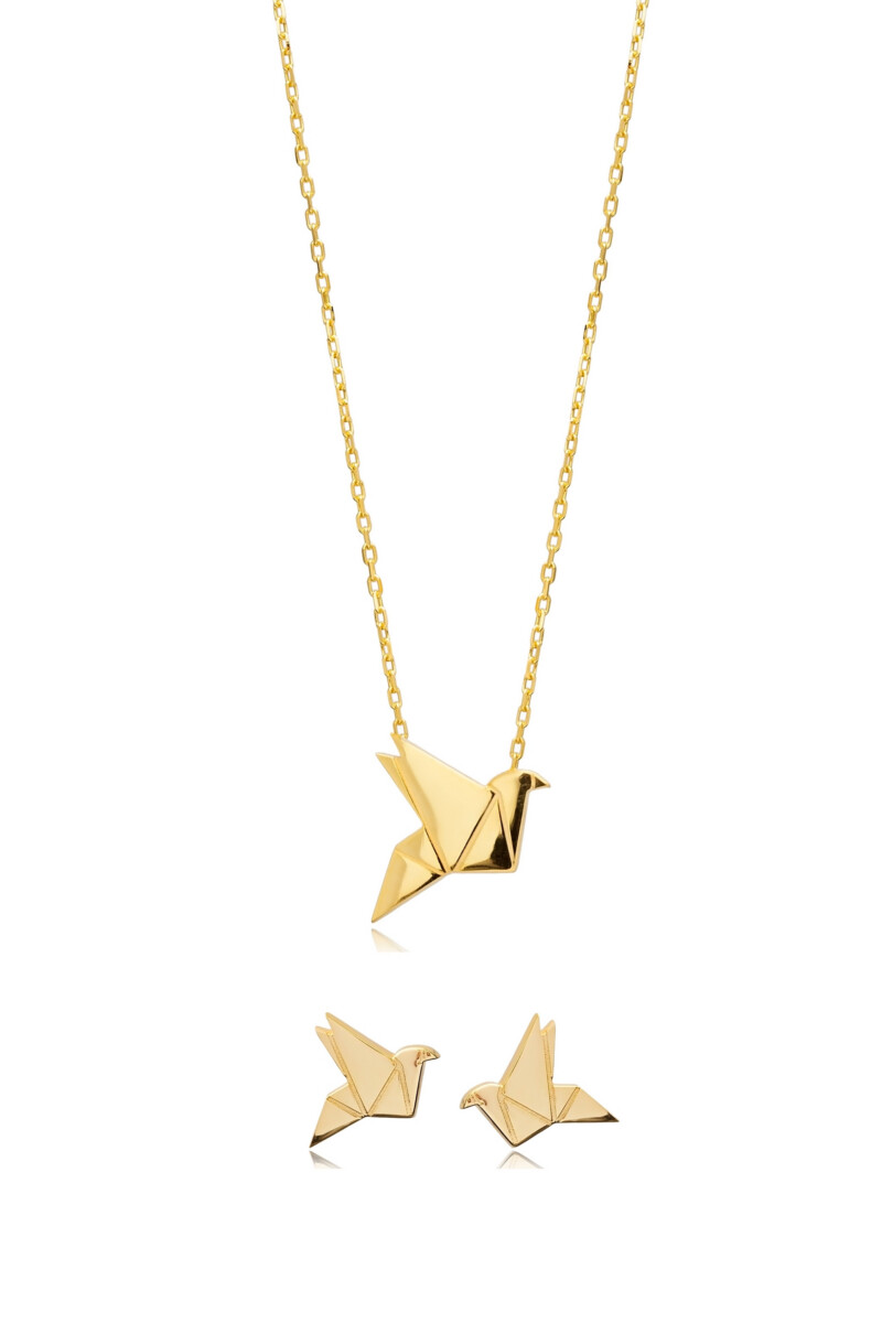 Set Origami Vogel-Gold vermeil Set aus Ohrsteckern und Kette aus 925 Sterlingsilber mit Origami-Vogel Motiv, Gold-Vermeil