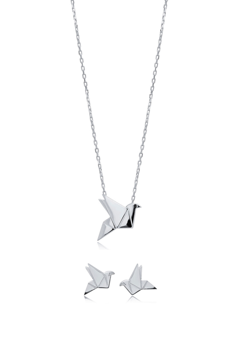 Set Origami-Vogel silber rhodiniert Set aus Ohrsteckern und Kette aus 925 Sterlingsilber mit Origami-Vogel Motiv