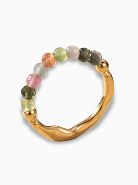 Regenbogen Turmalin Ring - Goldene Welle - Messing