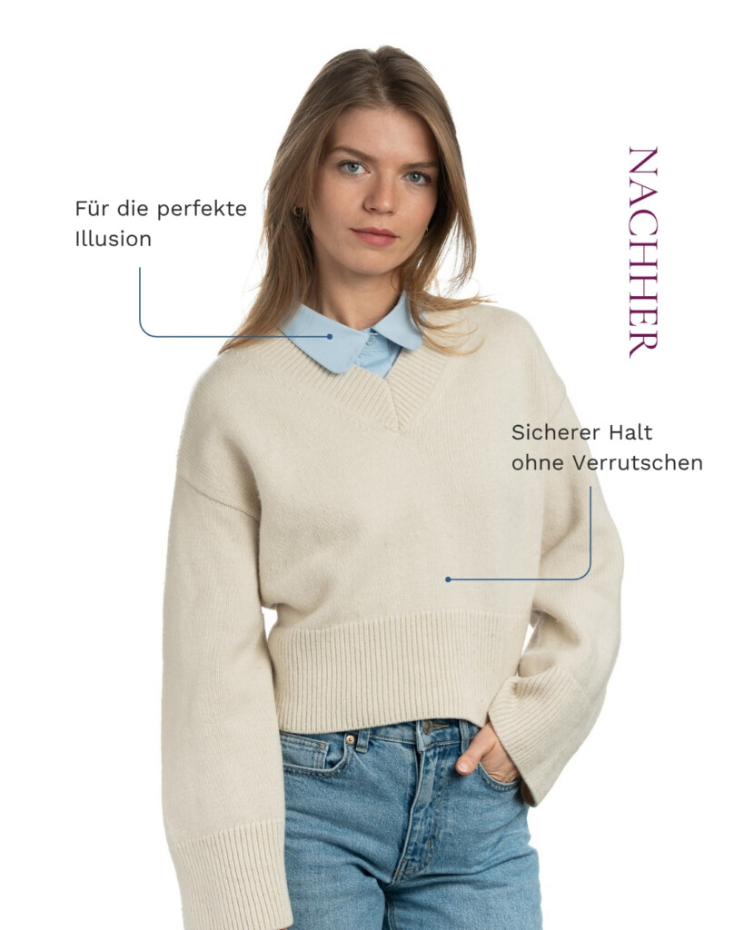 Model hat einen Einsteckkragen für Pullover an
