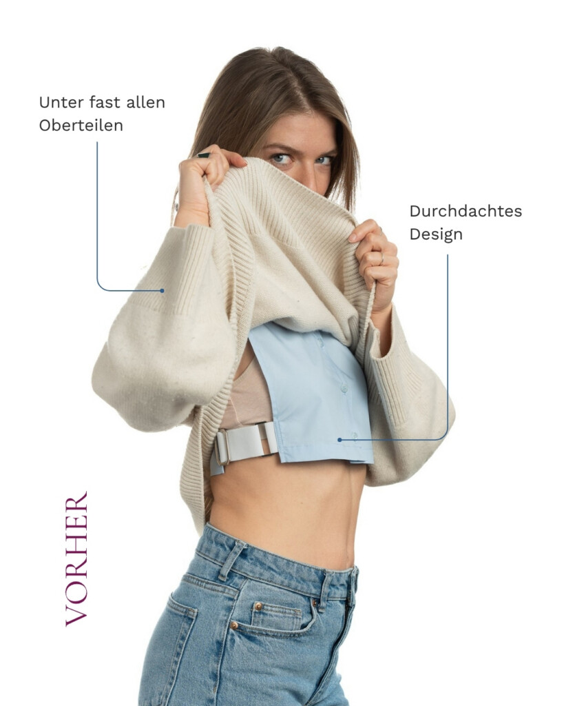 Model hebt ihren Pullover hoch, und man sieht einen Einsteckkragen